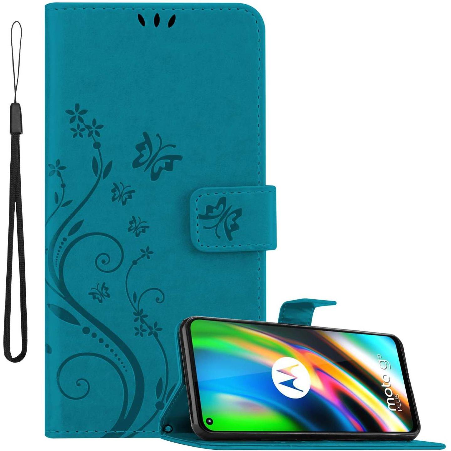 Cadorabo Hülle für Motorola MOTO G9 PLUS mit Blumen Muster (Motorola Moto G9 Plus), Smartphone Hülle, Blau