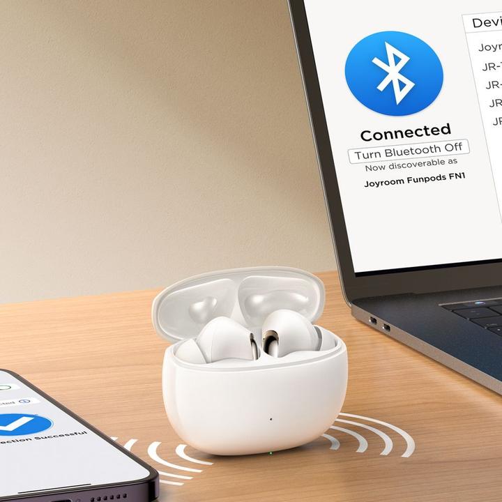 Actual product image Joyroom Funpods JR-FN1 wireless in-ear TWS Bluetooth 5.4 ANC ENC headphones - white (ANC, 7 h, Wireless)