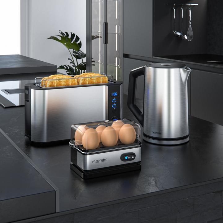 Produktbild Arendo Frühstücks Set, Wasserkocher 1,5l Temperaturwahl, 4 Scheiben Toaster & Eierkocher für 6 Eier, Silber