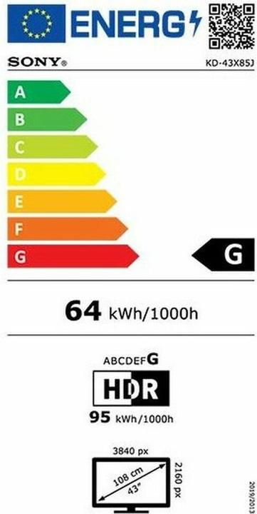Etichetta energetica Sony KD43X85J (43", X85J, Visualizzazione MIP, 4K, 2021)