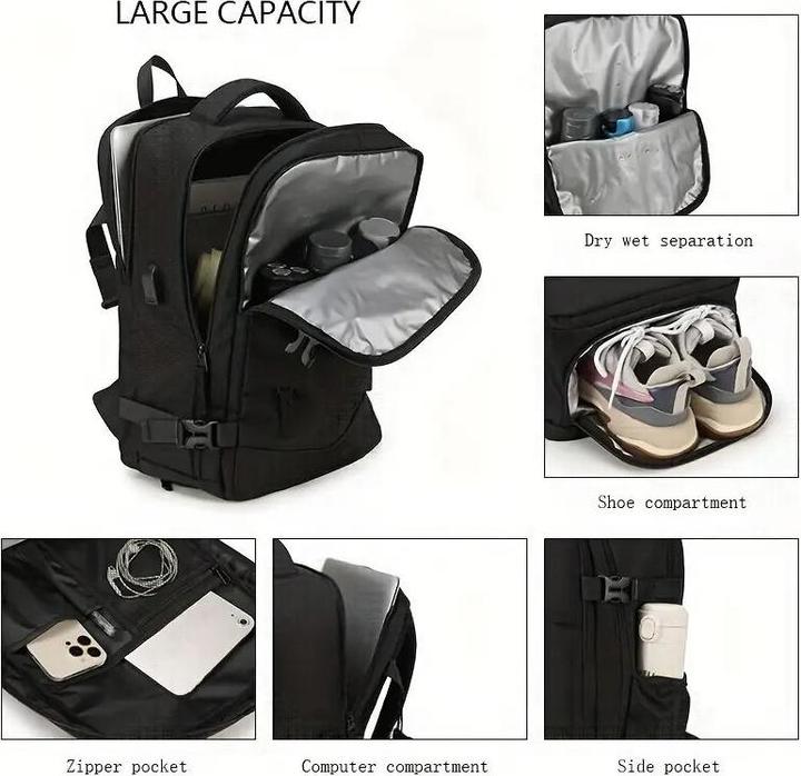 Actual product image Dema Reiserucksack mit Schuhtasche USB-Ladeanschluss Laptop Tasche Schwarz