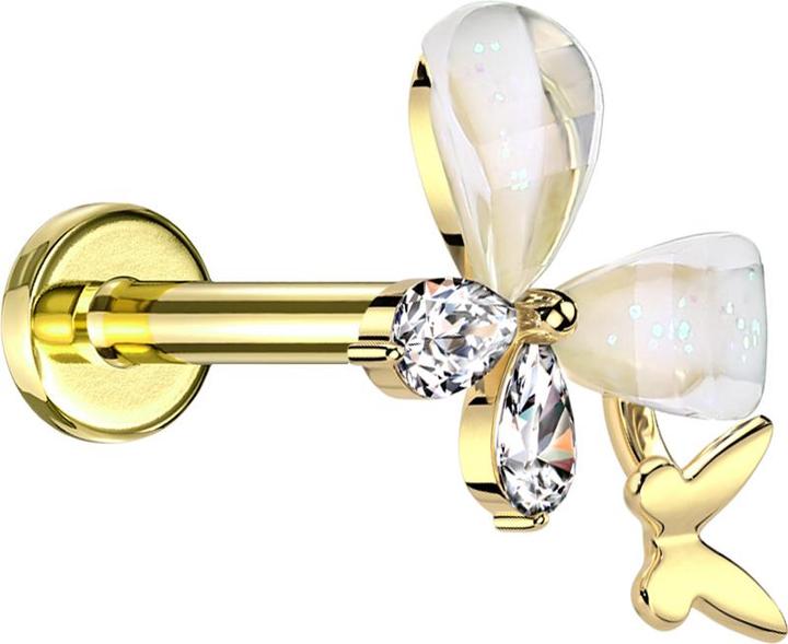 Produktbild Star Piercing Micro Threadless Labret vergoldet zwei Schmetterlinge vergoldet Kristalle silber (Messing, Chirurgenstahl 316L)