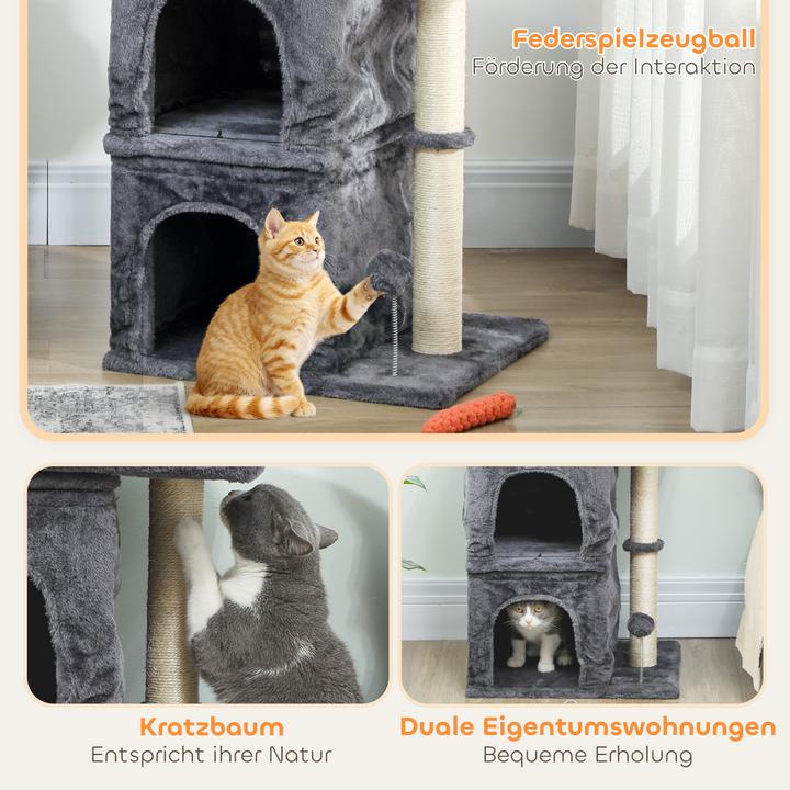 Produktbild PawHut Kratzbaum Spanplatte, Polyester Dunkelgrau (66 cm, Cremeweiss, Dunkelgrau)