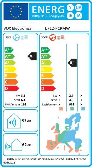 Energie-Label Vox Klimaanlage IJF12-PCPMW (WiFi, Plasma-Sterilis, Anti-PM 2.5)