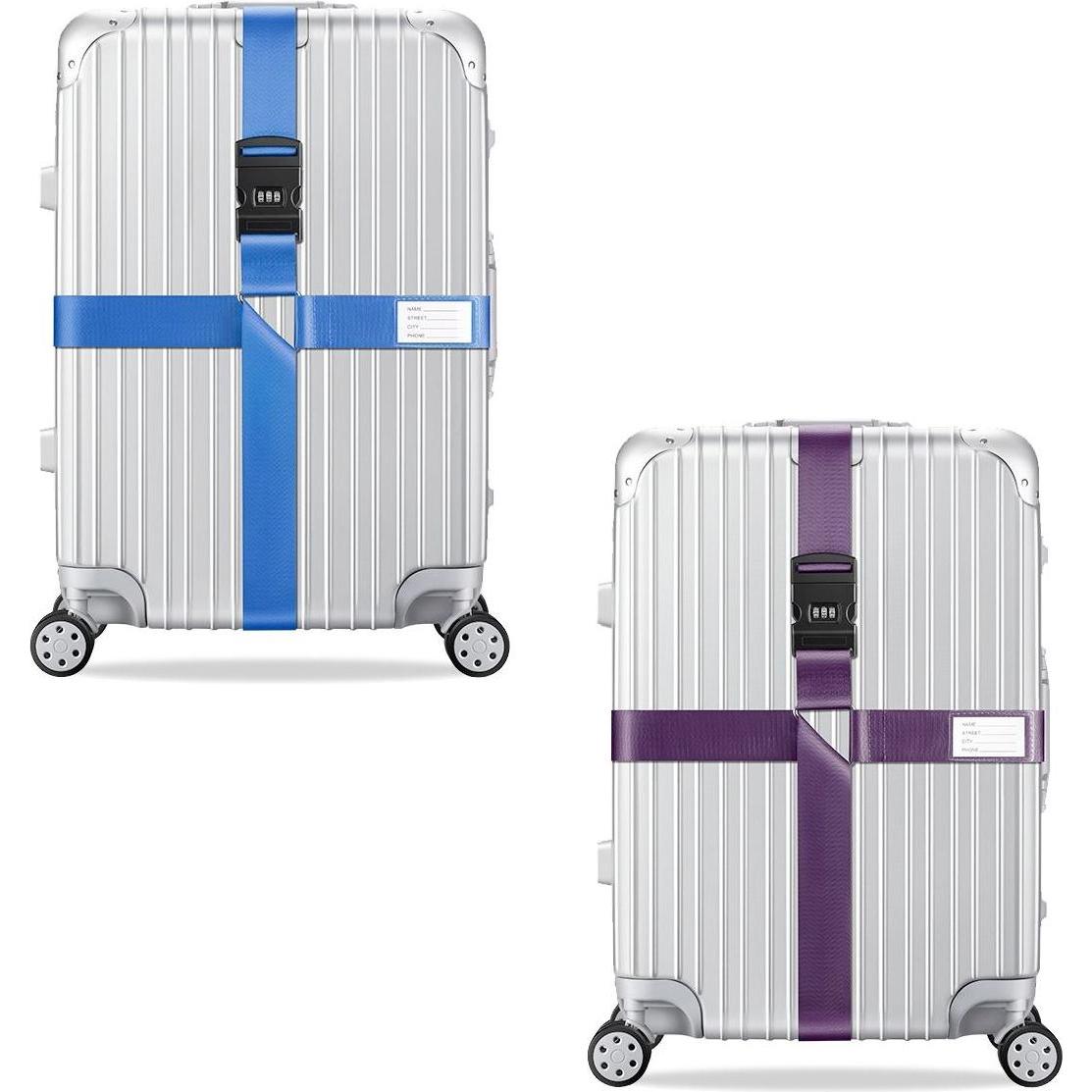 König Design, Reisezubehör, 2x Kreuz Kofferband Koffergurt Gepäckband Kofferriemen Gepäckgurt Zahlencode Set, Blau