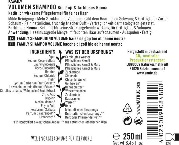 Produktbild Sante Family Volumen Shampoo Bio-Goji & farbloses Henna (250 ml, Flüssiges Shampoo)