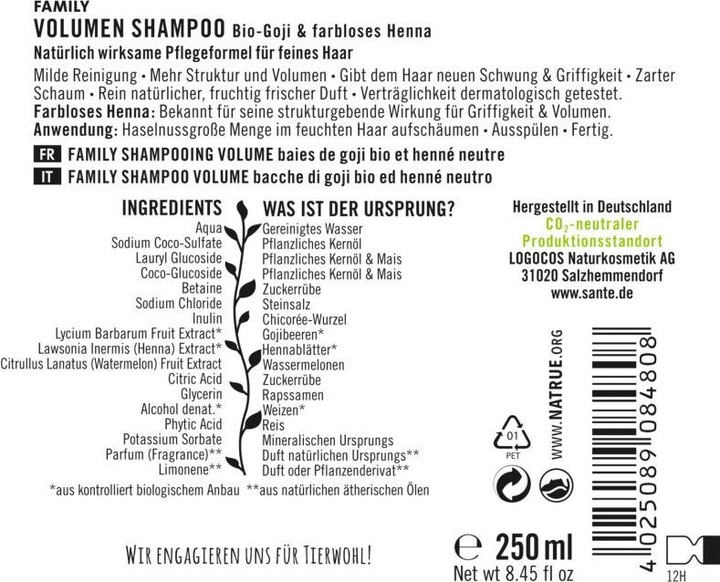 Actual product image Sante Family Volume Shampoo Organic Goji & Colorless Henna (250 ml, Liquid shampoo)