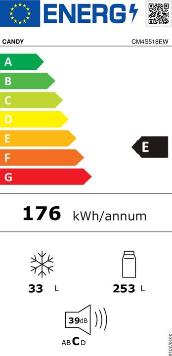 Energy Label Candy CM4S518EW Single-door Built-in 286 L E White (286 l)