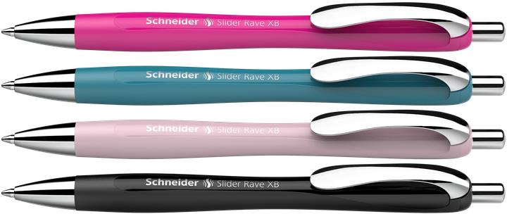 Actual product image Schneider 3 + 1 FREE: biros Slider Rave XB colour assorted writing colour blue, 3 pcs. + FREE (Turquoise, power-pink, Rose, Black, 4 x)