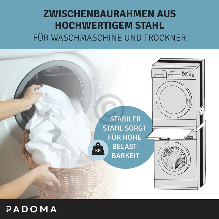 Produktbild Padoma Zwischenbaurahmen weiss mit Arbeitsplatte universal für Waschmaschine Trockner