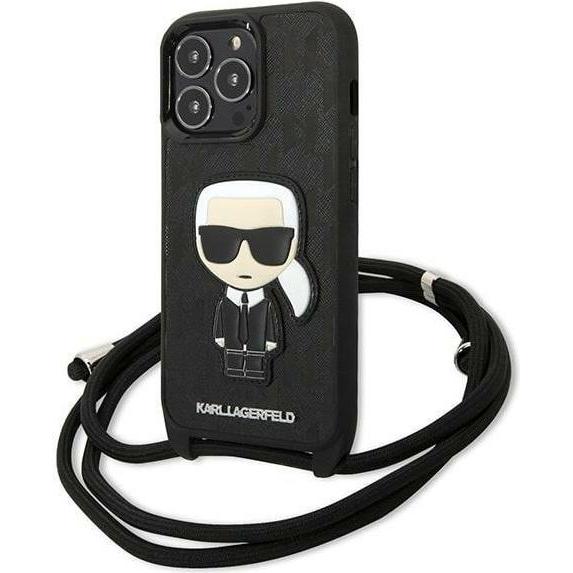 Thumbnail - Karl Lagerfeld Monogram Leather Patch and Cord Iconik - Etui iPhone 13 Pro (Apple iPhone 13 Pro), Smartphone Hülle, Schw...