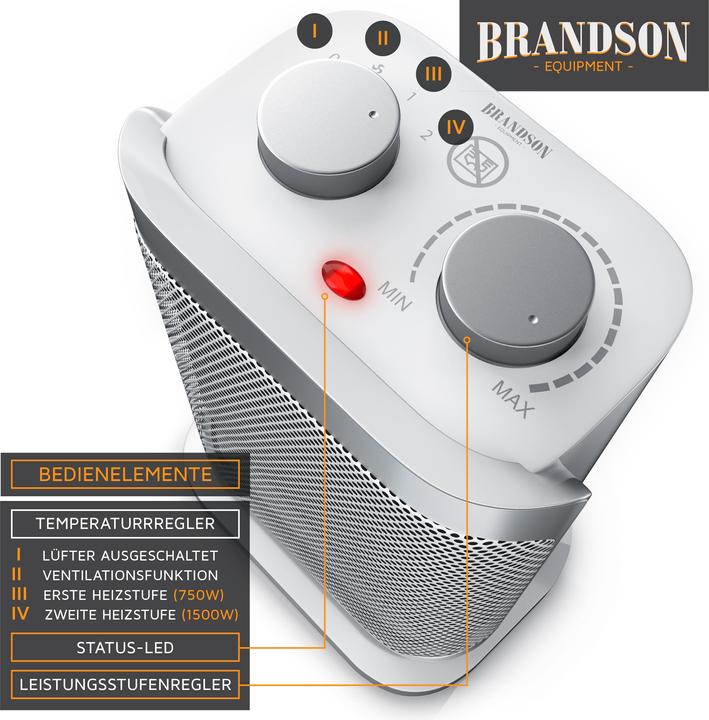 Produktbild Brandson Keramik Heizlüfter, Keramikheizlüfter mit Oszilationsfunktion, Bad Keramikheizgerät, weiss (1500 W)