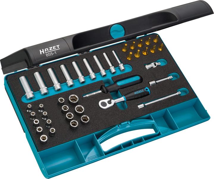 Produktbild HAZET Steckschlüssel Satz 855-1 ∙ Vierkant6,3 mm (1/4 Zoll) ∙ Aussen Sechskant-Tractionsprofil, Ausse… (10  mm, 11 mm, 12 mm, 13 mm, 3 mm, 4 mm, 5 mm, 6 mm, 7 mm, 8 mm, 9 mm)