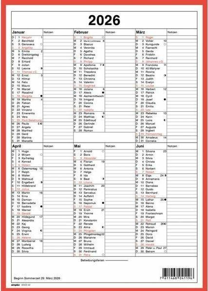 Produktbild Simplex Kalender mit Namenstagen (A4, Harter Einband, Deutsch)