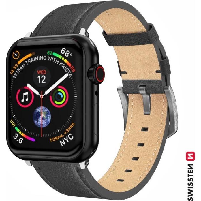Swissten Leather Band for Apple Watch 42/44/45/49 mm Black (Silver Buckle and Silver Lug) (Leder), Uhrenarmband, Schwarz