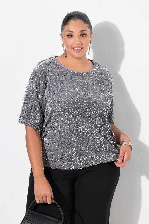 Image du produit Ulla Popken Blouse en velours à paillettes, col rond et manches courtes (46, 48)
