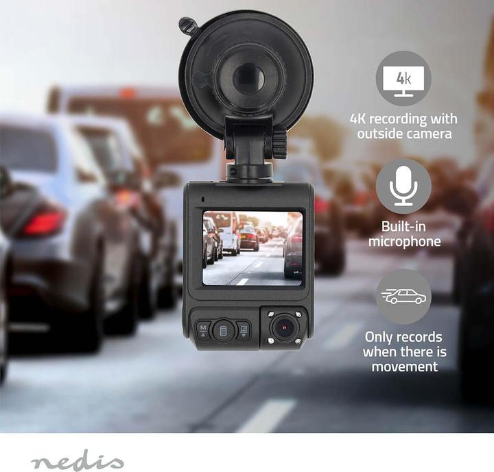 Produktbild Nedis Dash Cam - 4K@30fps - 12 MPixel - 2" - LCD - Duale Kamera - Kabinenkamera - GPS unterstützt - (Eingebautes Display, GPS-Empfänger, Eingebautes Mikrofon, Akku, Nachtsicht, 4K)