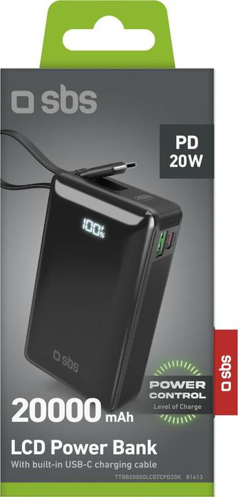 Productafbeelding SBS Powerbank 20.000mAh 20W PD LCD USB-C kabel zwart (20000 mAh, 20 W)