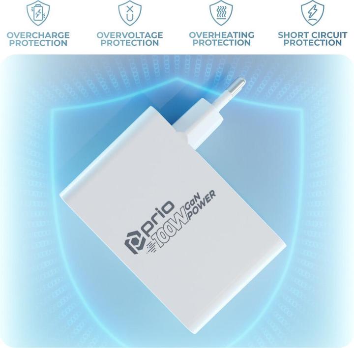 Produktbild prio Wandladegerät GaN Power 100W PD PPS (USB-C) + QC 3.0 (USB-A) weiss (100 W, 2 Ports)