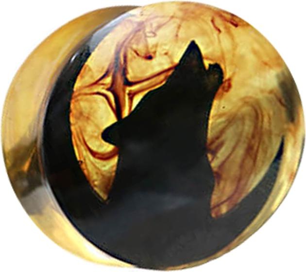 Actual product image Star Piercing Flared plug howling wolf colouring epoxy brown (without brass, Organic)