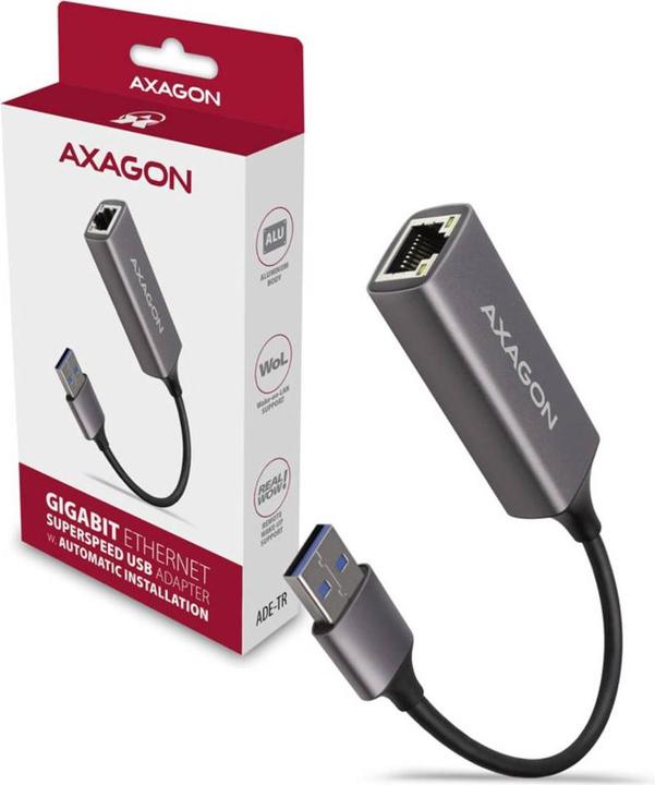 Actual product image Axagon ADE-TR Gigabit Ethernet 10/100/1000 Adapter - USB 3.1 Type A, Titanium Gray (USB 3.1, RJ45 (1x))