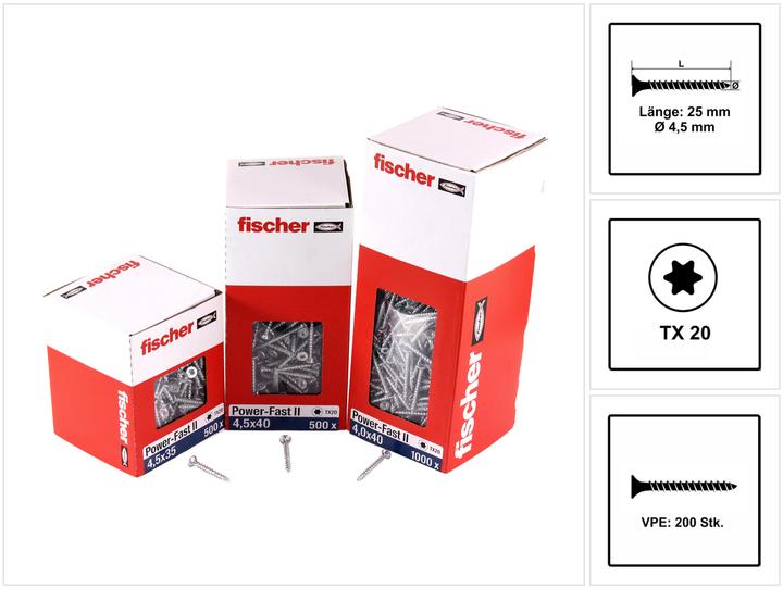 Actual product image Fischer Power-Fast II FPF II chipboard screw 4,5x25 mm 200 pieces ( 670254 ) countersunk head with Torx Vo (200 Screws per piece)
