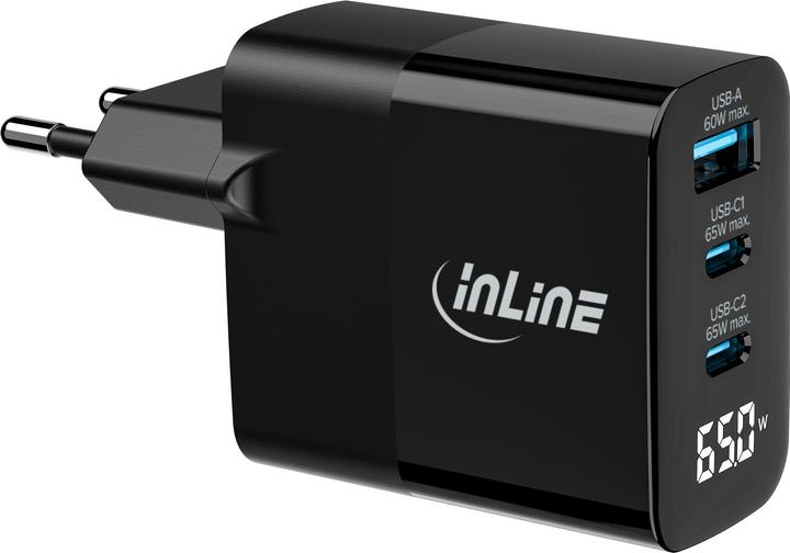 Produktbild InLine USB PD Netzteil, GaN Ladegerät, 3-Port, USB-C + USB-A, 65W, mit Display, schwarz (65 W, 3 Ports)