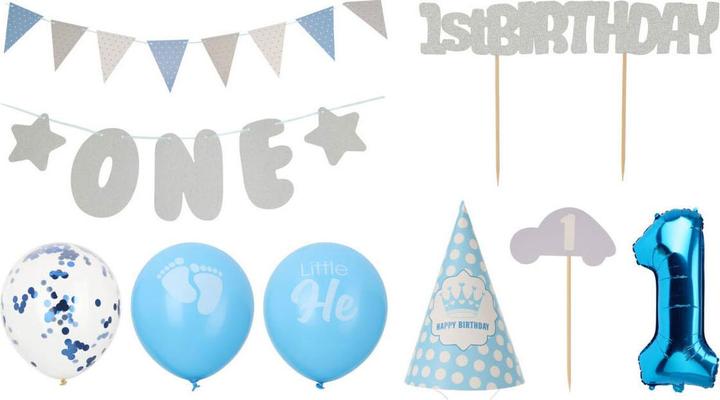 Set di decorazioni per la festa del 1° compleanno - blu/ragazzo, 9 pezzi.