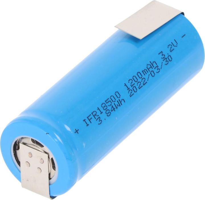 Actual product image EIZfan Battery IFR 18500 LiFePo4 Flat Top unprotected, solder tag Z (1 pcs., 1200 mAh, Battery + charger)