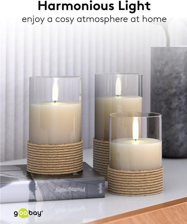 Actual product image Goobay 3er-Set LED-Echtwachs-Kerzen im Glas, weiss, mit Hanf umwickelt (3 x)