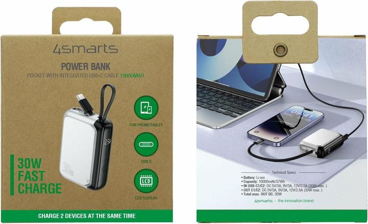Produktbild 4smarts Powerbank Mit integriertem USB-C Kabel 10000 mAh, Silber (10000 mAh, 30 W, 37 Wh)