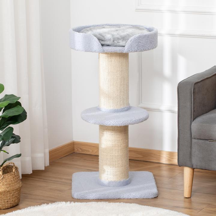 Produktbild PawHut Kratzbaum mit Plattform (91 cm, Hellgrau, Blau)