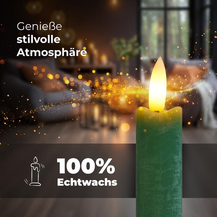 Produktbild Novaliv Stabkerzen LED mit Timer Grün 6 Stück indoor - 6 Stunden - ECHTWACHS 18cm Höhe für Kerzen 2,2cm (6x)