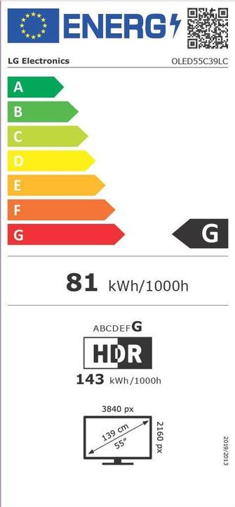 Energy Label LG TV OLED evo C39 55, 3840 x 2160 (Ultra HD 4K), OLED (55", C3, OLED, 4K, 2023)