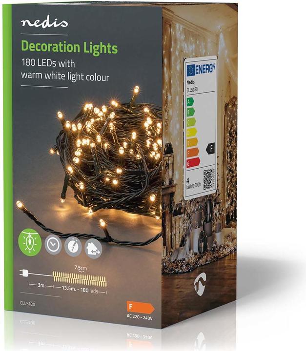 Immagine prodotto Nedis Luci decorative | Cavo | 180 LED | Bianco caldo | 13,50 m | Effetti di luce: 7 | Interno e A (13.50 m)
