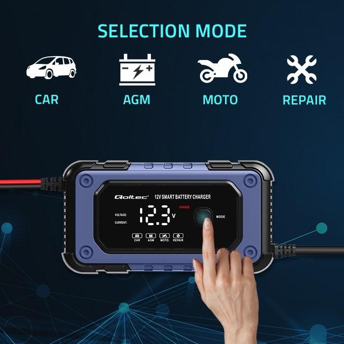 Produktbild Qoltec Prostownik do akumulatora z funkcją naprawy | Inteligentna mikroprocesowa ładowarka| 12V | (12V, 6 A)