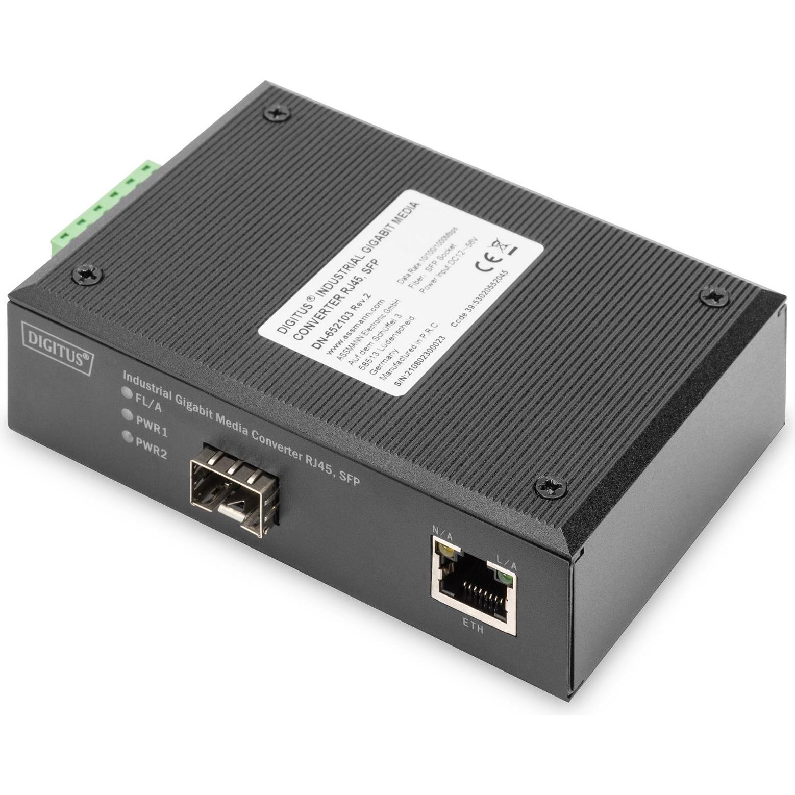 Digitus Industriellerl Gigabit Medien Konverter 10/100/1000BaseT zu 1000Base-X SFP Reichweite bis zu 80km, Data Converte...
