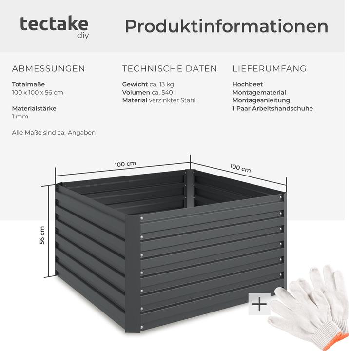 Produktbild tectake Hochbeet Blomma, 540l, verzinkt, 100x100x56cm