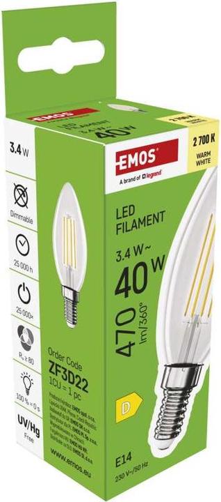 Immagine prodotto Emos Lampada LED a filamento a candela / E14 / 3,4 W (40 W) / 470 lm / Bianco caldo (E14, 470 lm, 1 x)