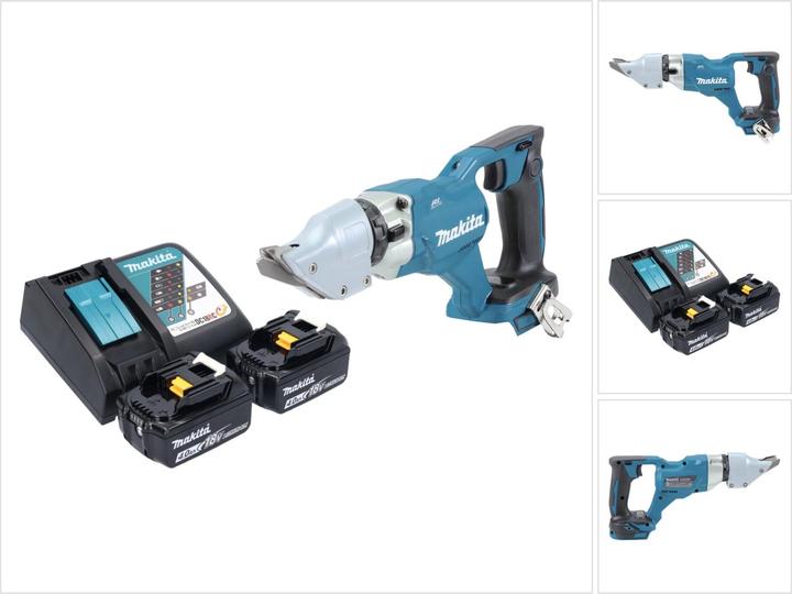 1x Makita DJS 200 Akku Blechschere, 1x Flachrundkopfschraube M4x12 (266622-8), 1x Einhängebügel (346317-0), 2x Makita BL 1840 B 18 V 4,0 Ah Akku, 1x Makita DC 18 RC Akku Schnell Ladegerät