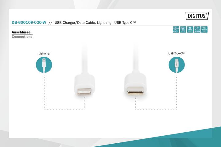 Image du produit Digitus USB type C - Lightning (2 m, USB 2.0, 18 W)