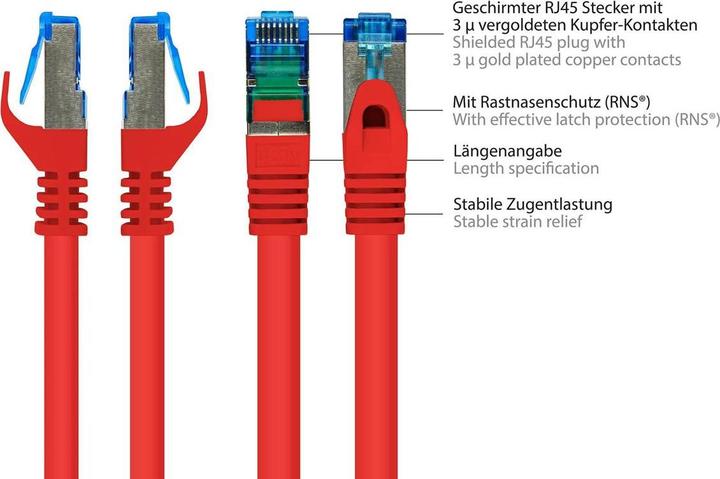 Actual product image Good Connections RNS® patch cable with snap-in lug protection, Cat. 6A, S/FTP, PiMF, halogen-free, 500MHz, red, 40m (S/FTP, CAT6a, 40 m)