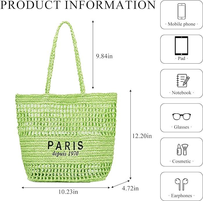 Immagine prodotto Only-Bags.Store Borsa della spesa in paglia intrecciata, borsa a tracolla con lettera ricamata alla moda, borsa da