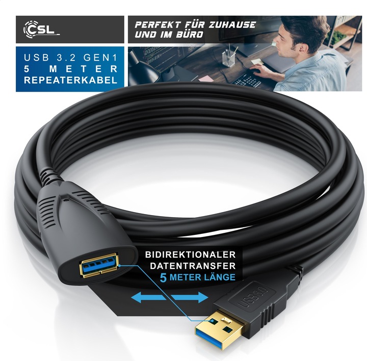 Produktbild CSL USB 3.0 Verlängerungskabel - Verstärker - Repeaterkabel - Repeater Kabel mit Signalverstärkung (5 m, USB 3.0)