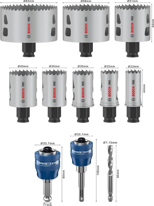 Produktbild Bosch Professional Zubehör PRO Multi Material PC Plus Lochsägen-Set, 11-tlg. (83 mm, 30 mm, 68 mm, 40 mm, 35 mm, 22 mm, 51 mm, 25 mm)