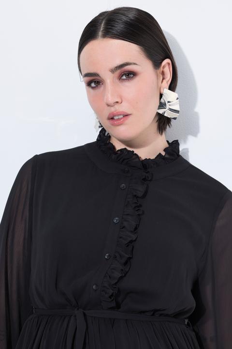 Image du produit Ulla Popken Robe midi coupe trapèze, col montant, ruchés et manches longues (46, 48)