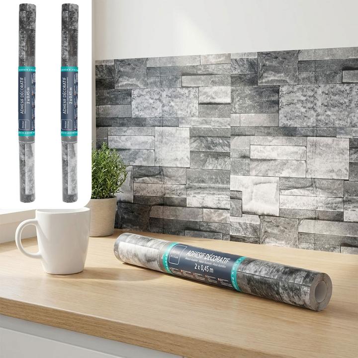Produktbild Douceur D'intérieur 2er-Set Stilvolle Klebefolie in Backsteinoptik, grau – Hochwertige Dekofolie, selbstklebend, 45cmx20 (200 x 45 cm)