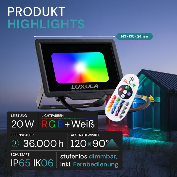 Produktbild Luxula RGB LED-Fluter LX400181, 20W, IP65, schwarz, mit Fernbedienung (IP65)