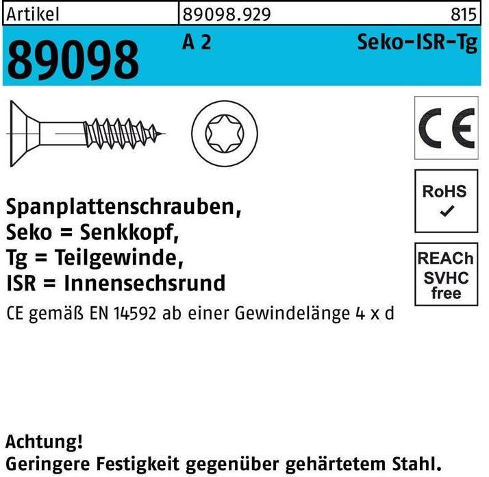 Produktbild Spanplattenschraube R 89098 SEKO Innensechsrund TG 4 x 30 -T20 A 2 (200 Schrauben pro Stück)