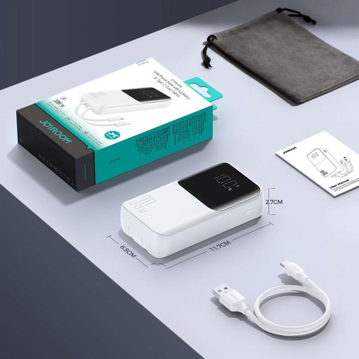 Produktbild Joyroom 30W 20000mAh mini Power Bank with built-in Cables, USB-A & USB-C - White (10000 mAh, 30 W, 37 Wh)